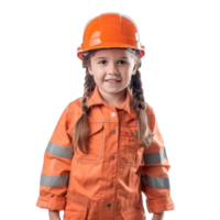 Smiling little girl wearing hard hat construction worker uniform standing front view isolate on transparency background png