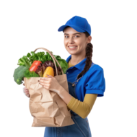 Smiling delivery woman with blue uniform holding a shopping bag full of vegetable front view isolate on transparency background png