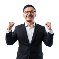 Businessman with clenching fists gesture and celebrating success isolate on transparency background png