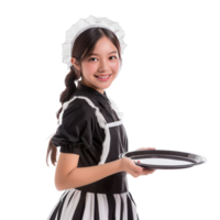 Smiling young attractive female in maid custome with hand holding tray isolate on transparency background png