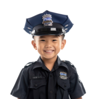 Smiling little boy wearing police uniform standing front view isolate on transparency background png