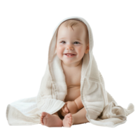 Smiling cute baby sitting wrap in towel after bathing front view isolate on transparency background png