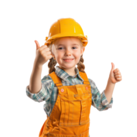 Smiling little girl wearing hard hat construction worker uniform standing with hand gesture giving thumb up side view isolate on transparency background png