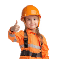 Smiling little girl wearing hard hat construction worker uniform standing with hand gesture giving thumb up side view isolate on transparency background png