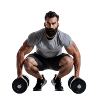 Man crouching with dumbbells in workout pose isolate on transparency background png