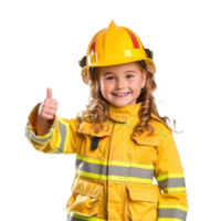 Smiling little girl wearing firefighter uniform standing with hand gesture giving thumb up front view isolate on transparency background png