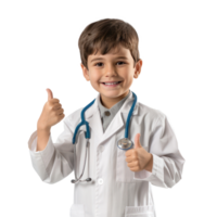 Smiling little boy wearing doctor uniform standing with hand gesture giving thumbs up isolate on transparency background png
