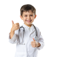 Smiling little boy wearing doctor uniform standing with hand gesture giving thumbs up isolate on transparency background png
