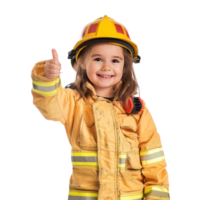Smiling little girl wearing firefighter uniform standing with hand gesture giving thumb up front view isolate on transparency background png