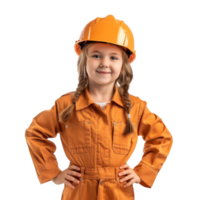 Smiling little girl wearing hard hat engineer uniform standing front view isolate on transparency background png