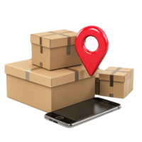 3d cardboard boxes and smartphone with red pin location side view isolate on transparency background png
