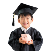 Smiling little boy wearing graduation gown uniform standing with hand holding piggy bank isolate on transparency background png