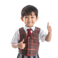 Smiling little boy wearing layer uniform standing with hand gesture giving thumb up isolate on transparency background png