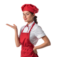 Pretty young waitress in uniform hand gesture presenting something side view isolate on transparency background png