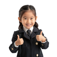 sorridente pequeno menina vestindo camada uniforme em pé com mão gesto dando polegar acima isolar em transparência fundo png