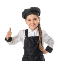 Smiling little girl wearing hostess uniform with hand gesture giving thumb up front view isolate on transparency background png