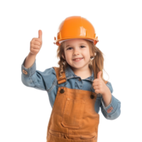 Smiling little girl wearing hard hat construction worker uniform standing with hand gesture giving thumb up isolate on transparency background png