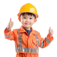 Smiling little boy wearing hard hat engineer uniform standing with hand gesture giving thumb up isolate on transparency background png