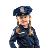 Smiling little girl wearing police uniform standing side view isolate on transparency background png