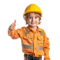 Smiling little boy wearing hard hat construction worker uniform standing with hand gesture giving thumb up front view isolate on transparency background png