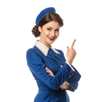 Smiling air hostess woman with hand pointing at something isolate on transparency background png