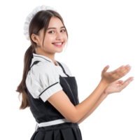 Smiling young attractive female in maid custome hand presenting something side view isolate on transparency background png