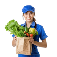 Smiling delivery woman with blue uniform holding a shopping bag full of vegetable front view isolate on transparency background png