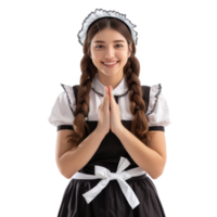 Smiling young attractive female in maid custome greeting with respect palm joint gesture isolate on transparency background png
