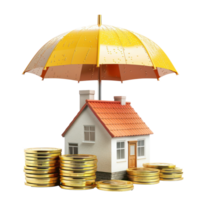 Small house model on stack gold coins under umbrellar, real estate investment concept isolate on transparency background png