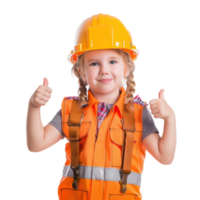 Smiling little girl wearing hard hat construction worker uniform standing with hand gesture giving thumb up isolate on transparency background png