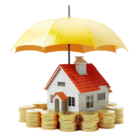 Small house model on stack gold coins under umbrellar, real estate investment concept isolate on transparency background png