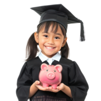 Smiling little girl wearing graduation gown uniform standing with hand holding piggy bank side view isolate on transparency background png