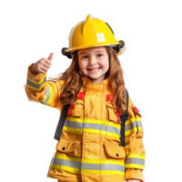 Smiling little girl wearing firefighter uniform standing with hand gesture giving thumb up side view isolate on transparency background png
