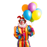 Friendly smiling person in clown costume holding a bunch of balloons front view isolate on transparency background png