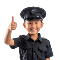 Smile little boy wearing police uniform giving thumb up front view isolate on transparency background png