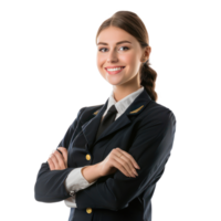 Smiling air hostess woman with hand thump up side view isolate on transparency background png