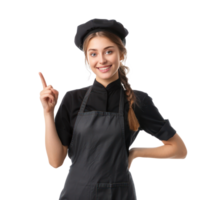 Pretty young waitress in uniform hand gesture pointing something front view isolate on transparency background png