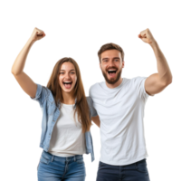 Excited young couple rejoicing success gesture, standing front view isolate on transparency background png
