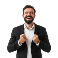 Businessman with clenching fists gesture and celebrating success front view isolate on transparency background png