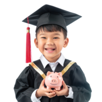 Smiling little boy wearing graduation gown uniform standing with hand holding piggy bank isolate on transparency background png