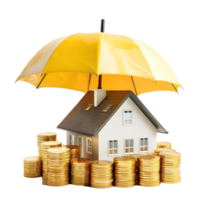 Small house model on stack gold coins under umbrellar, insurance concept isolate on transparency background png