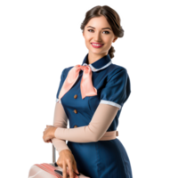 Smiling air hostess woman standing with travel suitcase front view isolate on transparency background png