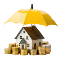 Small house model on stack gold coins under umbrellar, insurance concept isolate on transparency background png
