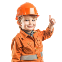 Smiling little boy wearing hard hat construction worker uniform standing with hand gesture giving thumb up side view isolate on transparency background png