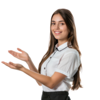 Smiling female receptionist hand presenting something side view isolate on transparency background png