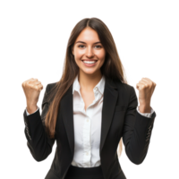 Young business woman with clenching fists gesture and celebrating success front view isolate on transparency background png