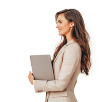 Happy businesswoman holding laptop looking away with smiling and confident side view isolate on transparency background png