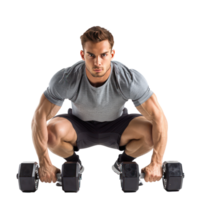 Man crouching with dumbbells in workout pose isolate on transparency background png