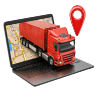 3D laptop with Cargo Container truck, logistic concept and red pin side view isolate on transparency background png