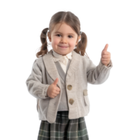 Smiling little girl wearing layer uniform standing with hand gesture giving thumb up front view isolate on transparency background png